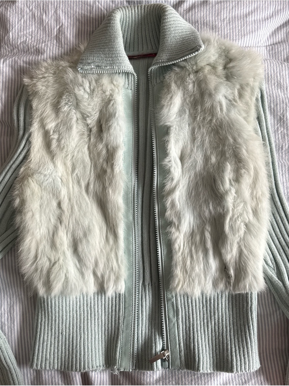 Mint Ribbed Zip Cardigan with real Fur Front Panels